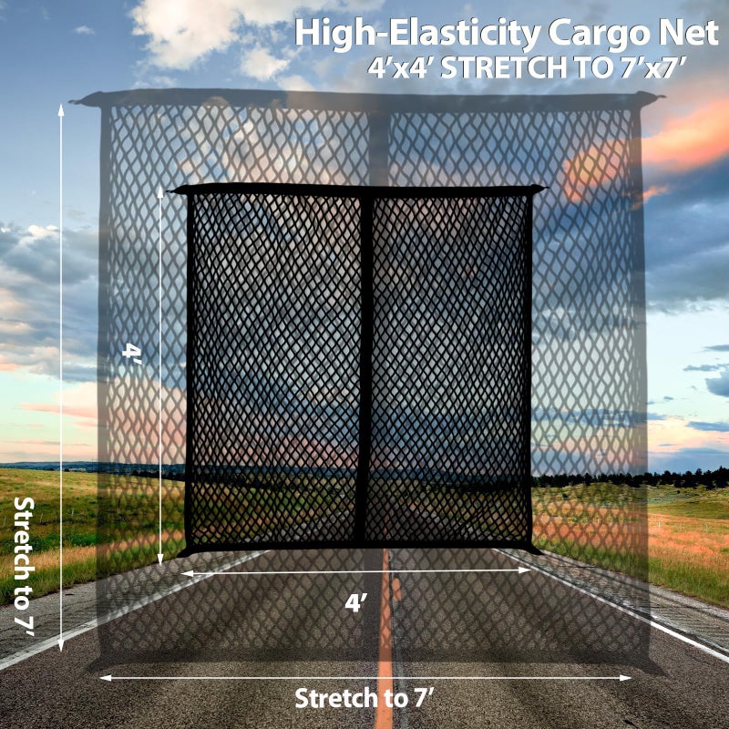 Isvo Cargo Net for Pickup Truck Bed  Trucks Cargo Net Mesh Organizer  4'x4' Stretch to 7'x7' Highly Elastic Truck Bed Net for Camping  Trip Luggage  Compatible with Trailer  Ford  Chevrolet  Dodge - Image 3